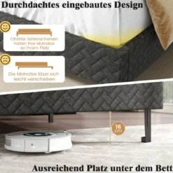 160 x 200 cm Samt-Bettgestell mit Höhenverstellbarem Chevron-Kopfteil Gepolsterte Bettrahmen Grau