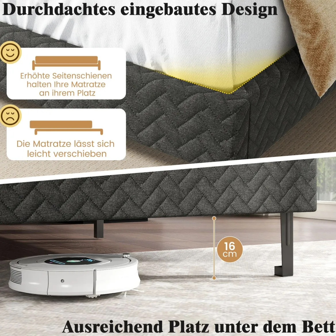 160 x 200 cm Samt-Bettgestell mit Höhenverstellbarem Chevron-Kopfteil Gepolsterte Bettrahmen Grau