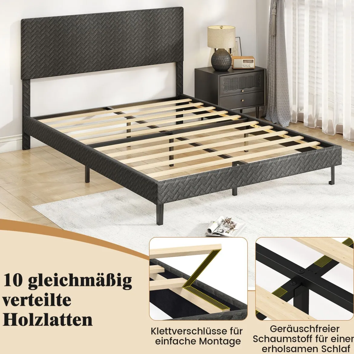 160 x 200 cm Samt-Bettgestell mit Höhenverstellbarem Chevron-Kopfteil Gepolsterte Bettrahmen Grau