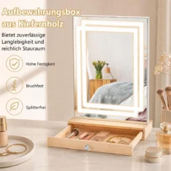 41 x 50 cm Schminkspiegel mit Einstellbare 3-Farben-Beleuchtung Touch-Bedienfeld & Holz Aufbewahrungsbox