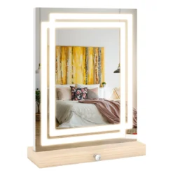 41 x 50 cm Schminkspiegel mit Einstellbare 3-Farben-Beleuchtung Touch-Bedienfeld & Holz Aufbewahrungsbox