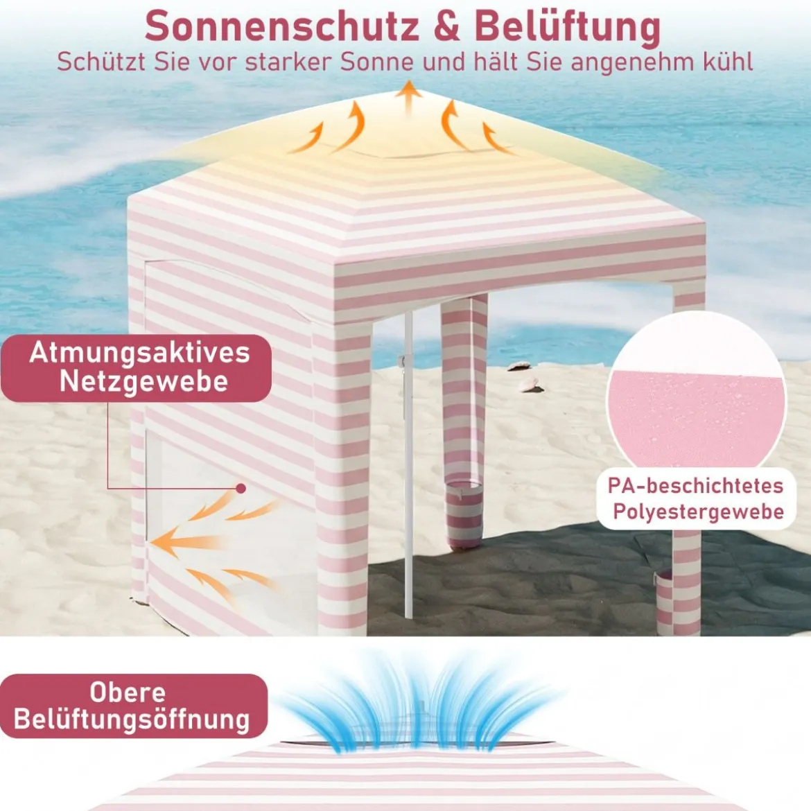 185 x 185 cm Strandzelt Höhenverstellbar Seitenwand Sandsäcke Tragetasche Strand Camping Rosa