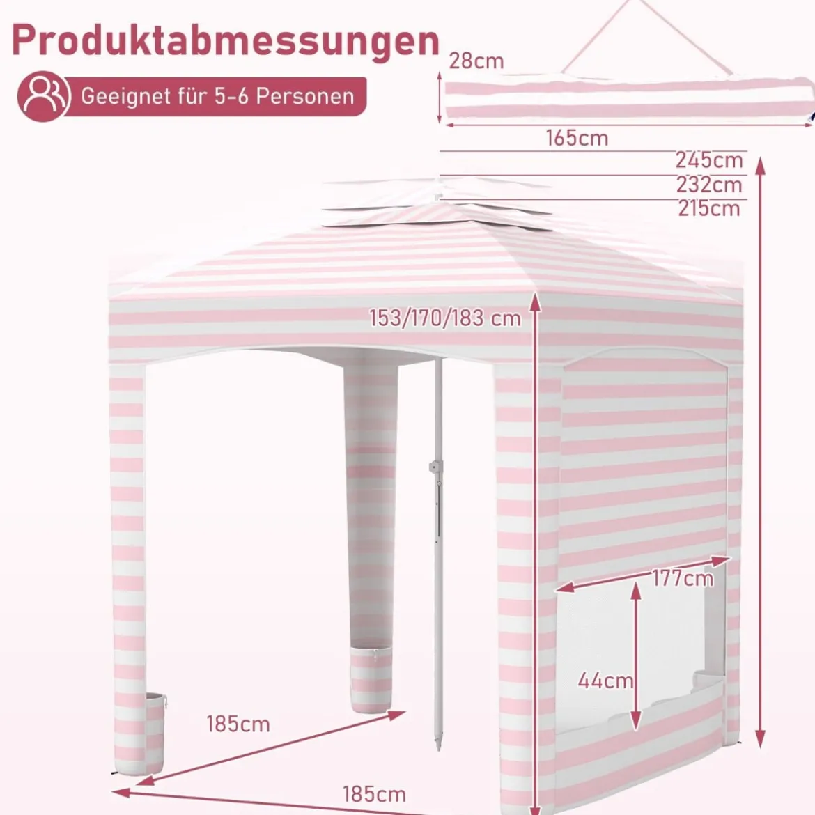 185 x 185 cm Strandzelt Höhenverstellbar Seitenwand Sandsäcke Tragetasche Strand Camping Rosa