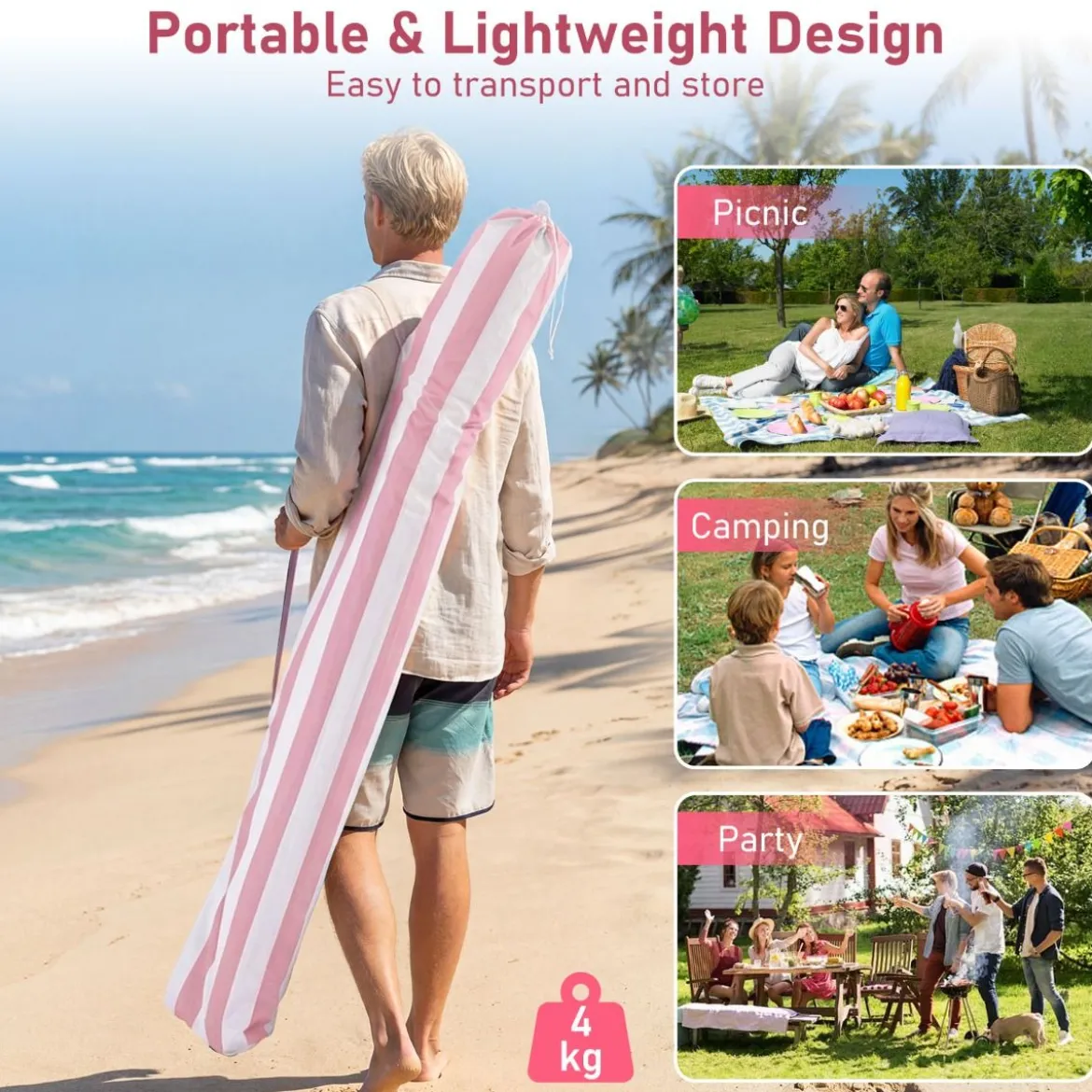 185 x 185 cm Strandzelt Höhenverstellbar Seitenwand Sandsäcke Tragetasche Strand Camping Rosa