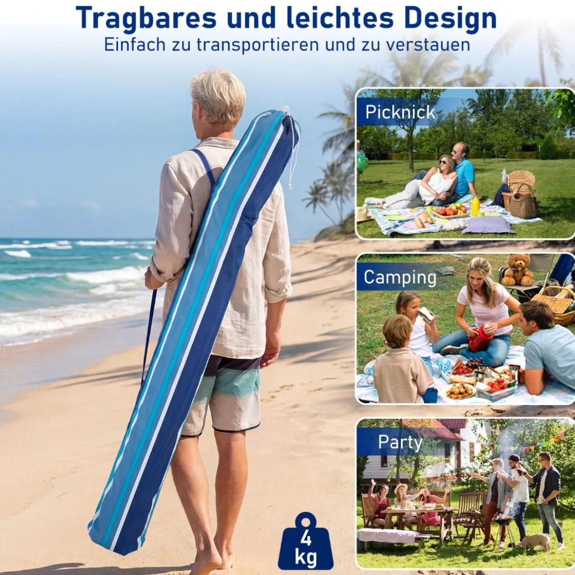 185 x 185 cm Strandzelt Höhenverstellbar Seitenwand Sandsäcke Tragetasche Strand Camping Blau