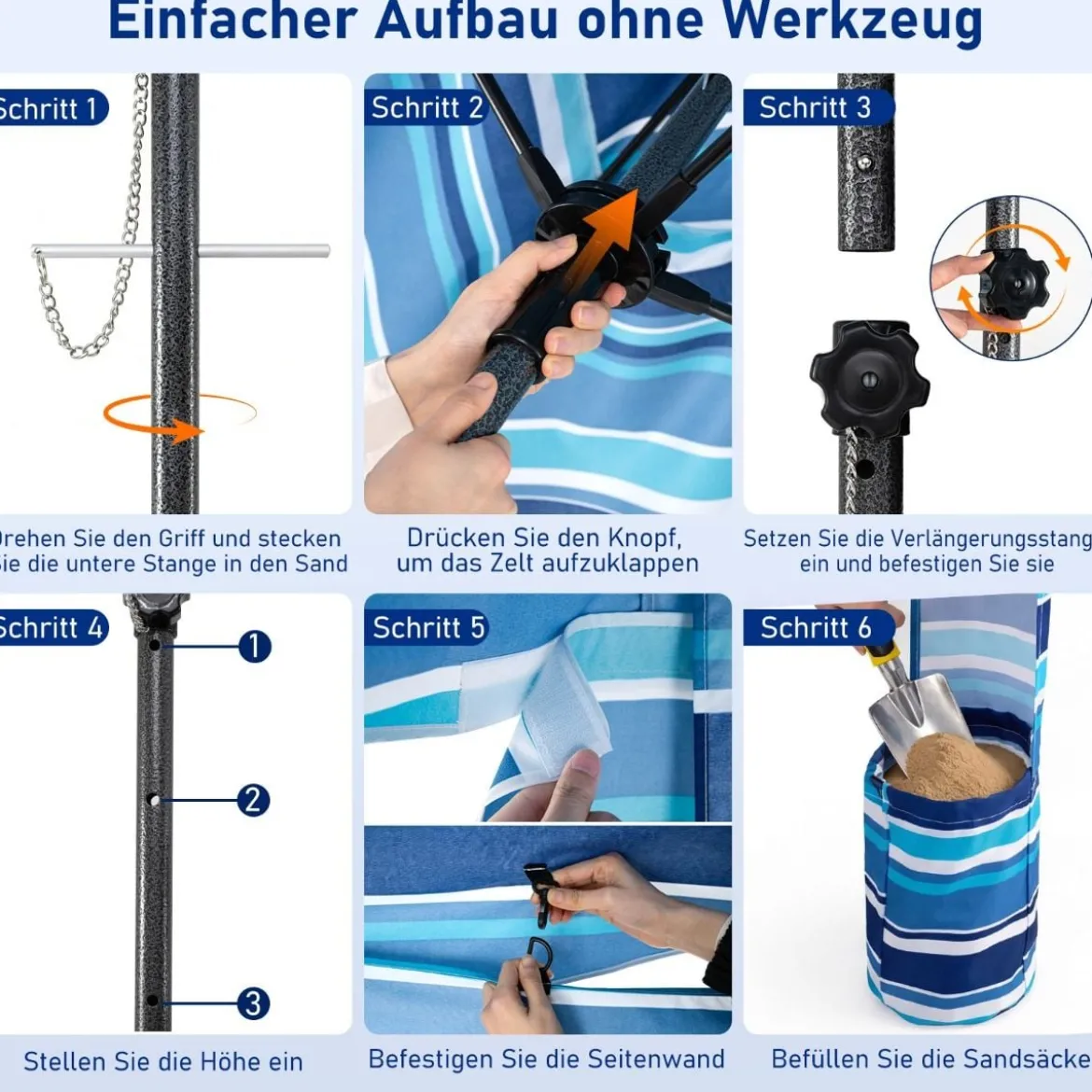 185 x 185 cm Strandzelt Höhenverstellbar Seitenwand Sandsäcke Tragetasche Strand Camping Blau