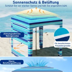185 x 185 cm Strandzelt Höhenverstellbar Seitenwand Sandsäcke Tragetasche Strand Camping Blau