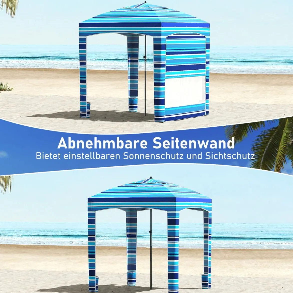 185 x 185 cm Strandzelt Höhenverstellbar Seitenwand Sandsäcke Tragetasche Strand Camping Blau