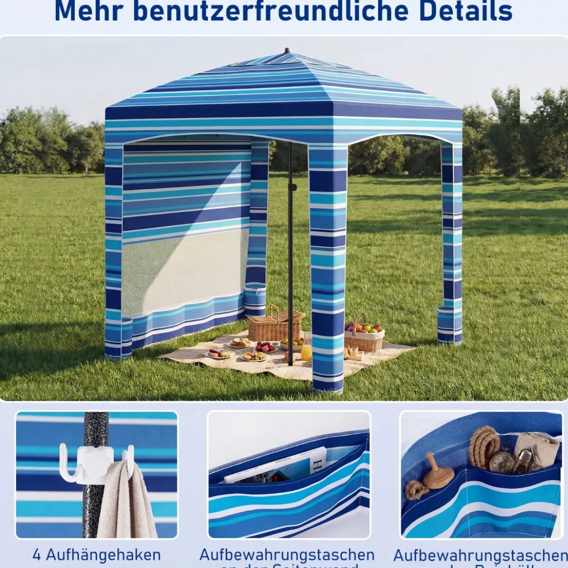 185 x 185 cm Strandzelt Höhenverstellbar Seitenwand Sandsäcke Tragetasche Strand Camping Blau