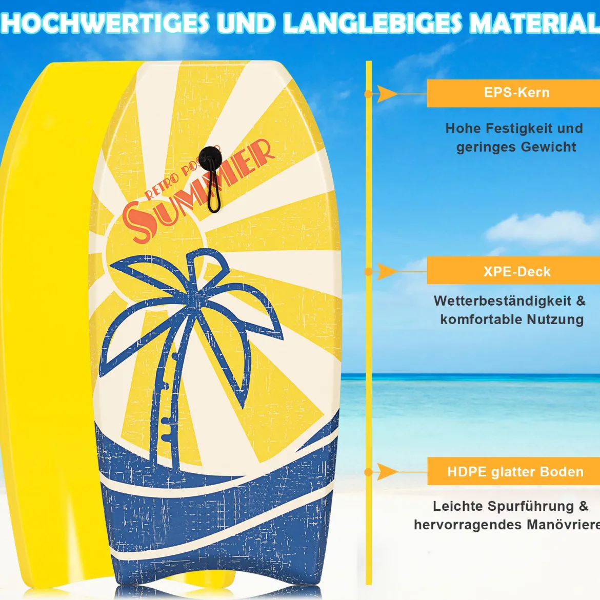 93 x 47 cm Surfboard Bodyboard leichtes Surfbrett für den Pool Sup-Board Gelb