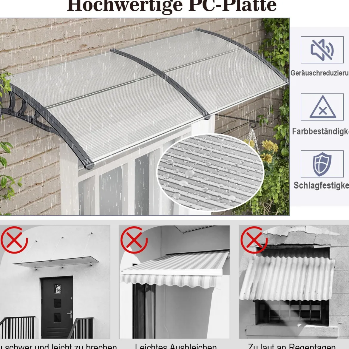 199 x 99 cm Vordach für Haustür Aluminium Überdachung Pultbogenvordach Haustürvordach Grau