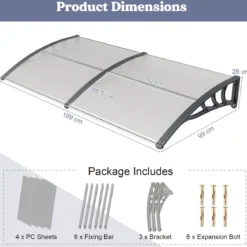 199 x 99 cm Vordach für Haustür Aluminium Überdachung Pultbogenvordach Haustürvordach Grau