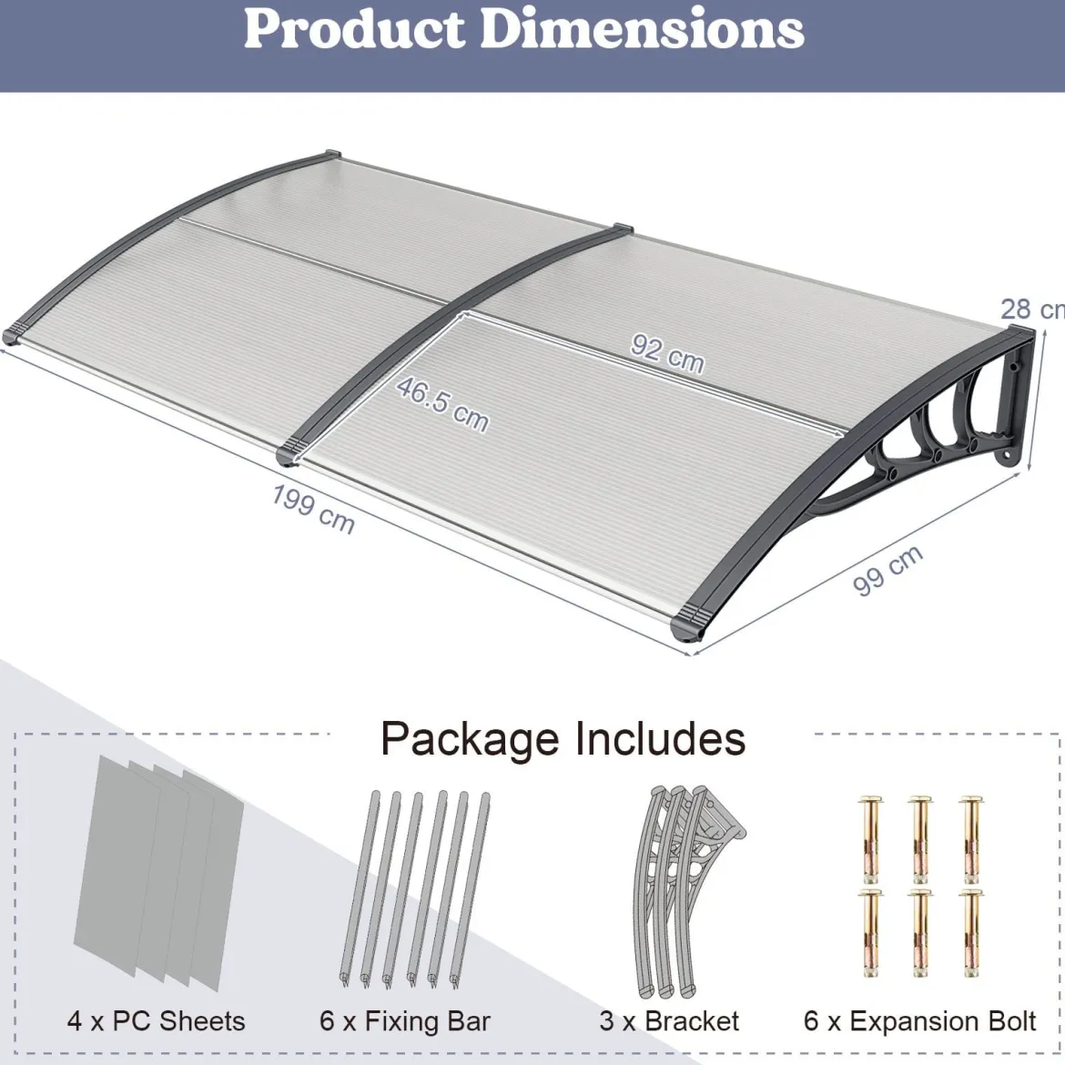 199 x 99 cm Vordach für Haustür Aluminium Überdachung Pultbogenvordach Haustürvordach Grau