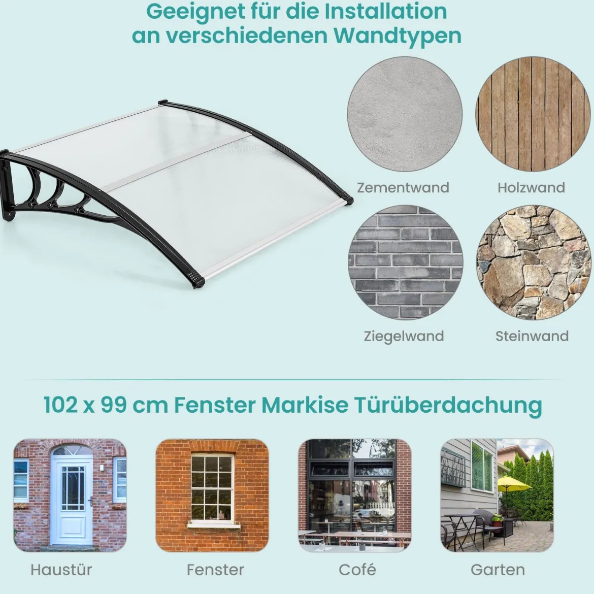 102 x 99 cm Vordach für Haustür Überdachung aus Aluminium und Polycarbonat Silber