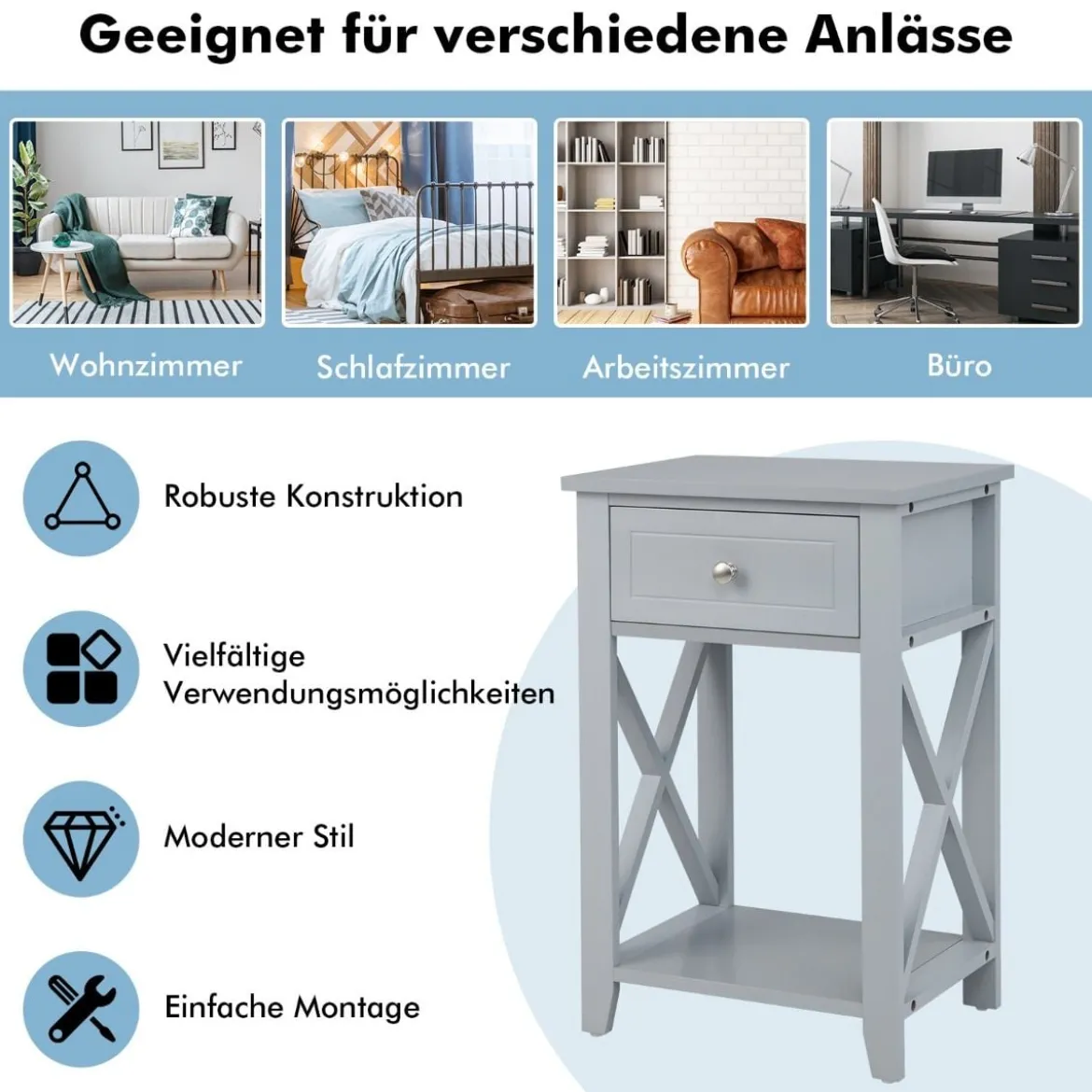 X-förmiger Nachttisch mit Schublade & Ablagefach Moderner Sofatisch Beistelltisch Grau