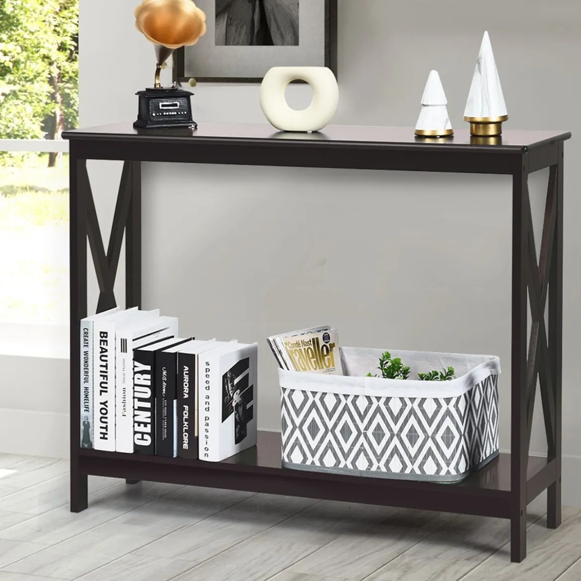X-förmiger Schmaler Konsolentisch mit 2 Etagen 100 x 30 x 80 cm Braun