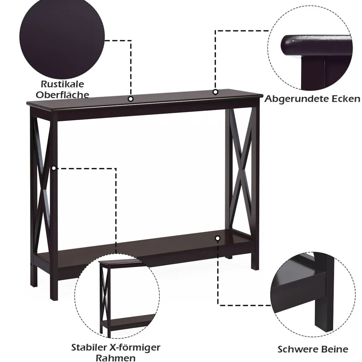 X-förmiger Schmaler Konsolentisch mit 2 Etagen 100 x 30 x 80 cm Braun