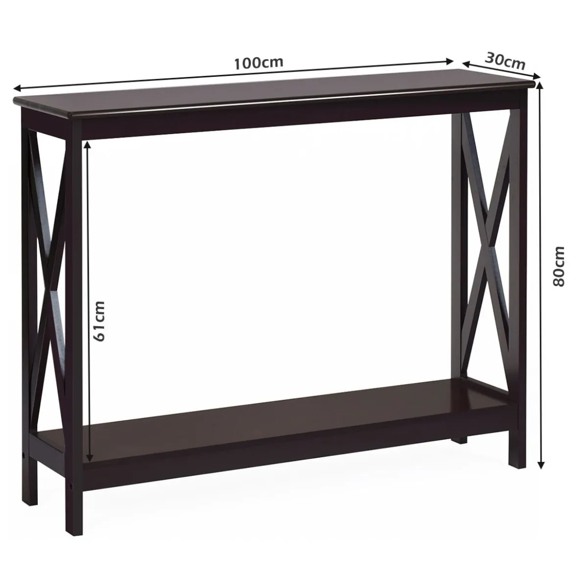 X-förmiger Schmaler Konsolentisch mit 2 Etagen 100 x 30 x 80 cm Braun