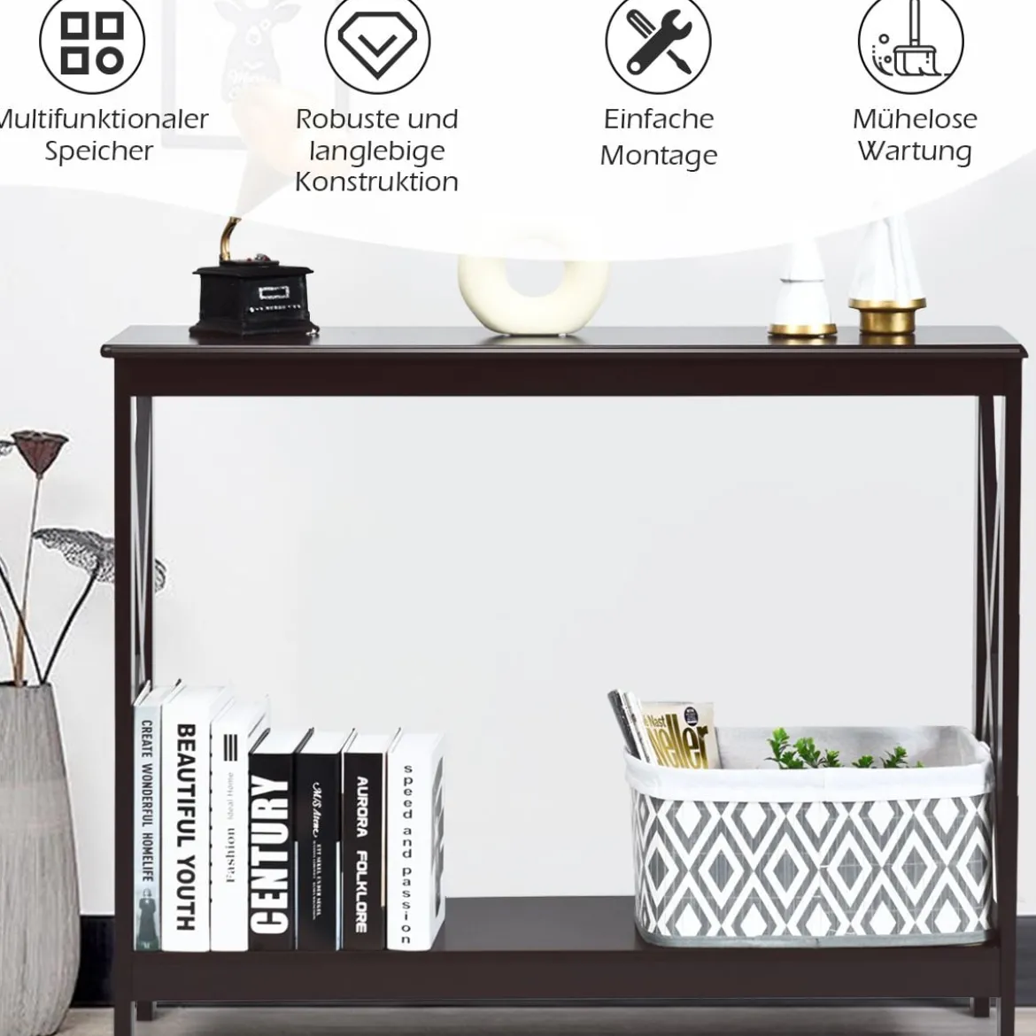 X-förmiger Schmaler Konsolentisch mit 2 Etagen 100 x 30 x 80 cm Braun