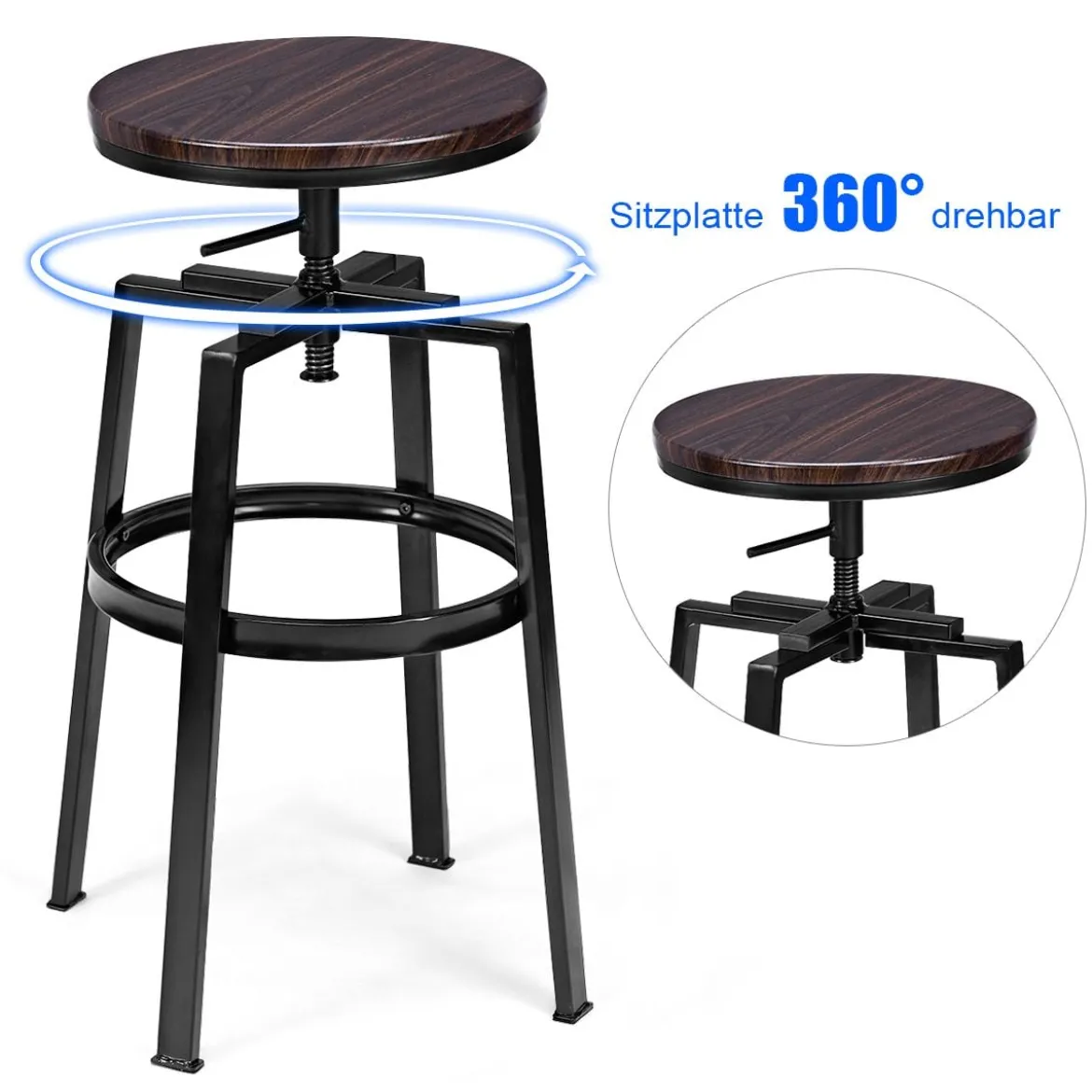 2 x Hocker Rund Tresenhocker Metall-Barstuhl Barhocker Holzhocker höhenverstellbar