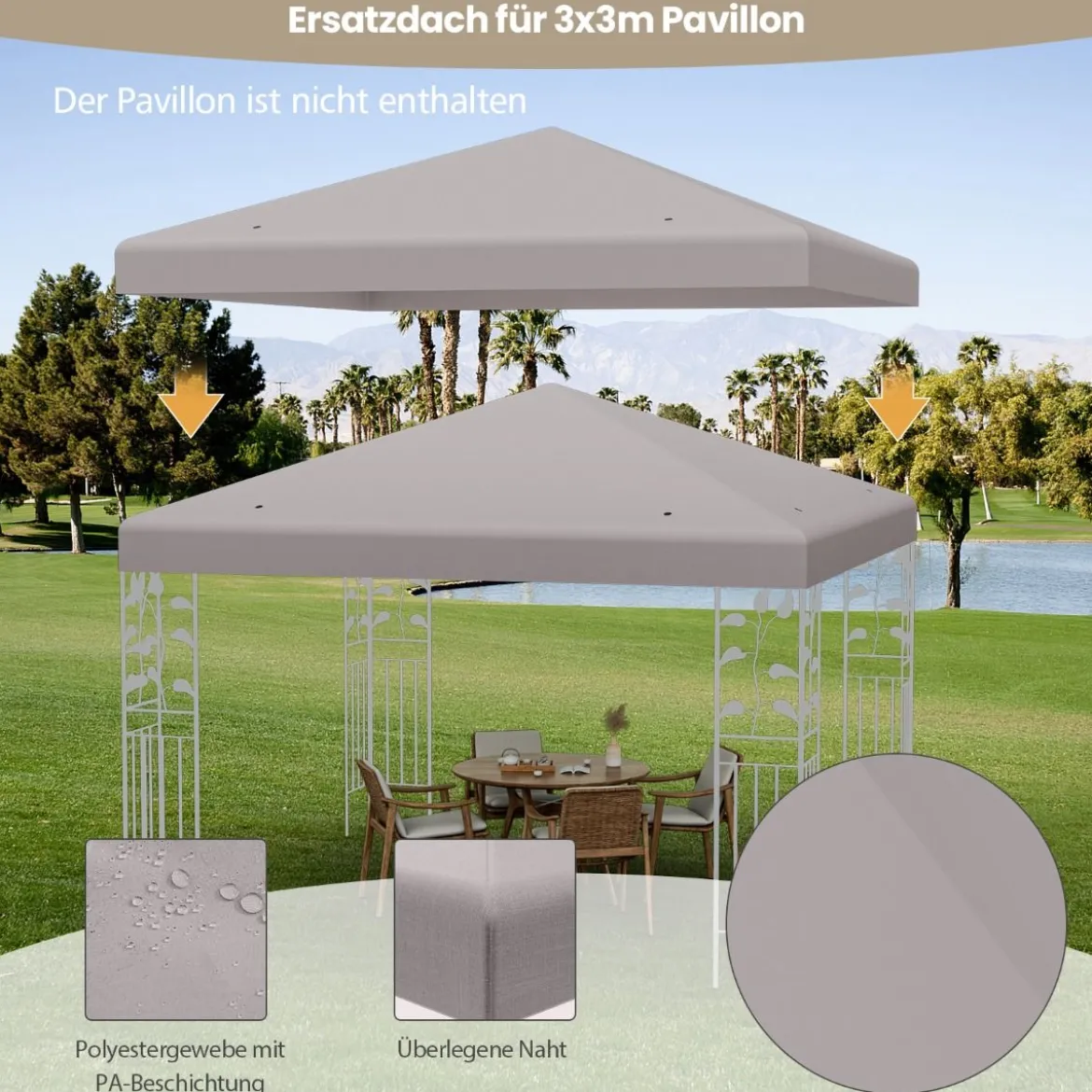 3x3m Ersatzdach für Pavillon Pavillondach Ersatzbezug mit Klettverschlüssen