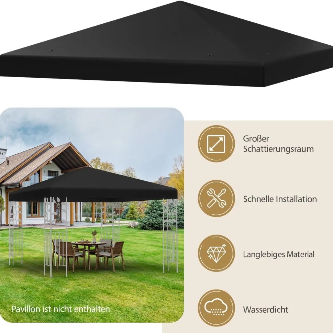 3x3m Ersatzdach für Pavillon Pavillondach Ersatzbezug mit Klettverschlüssen