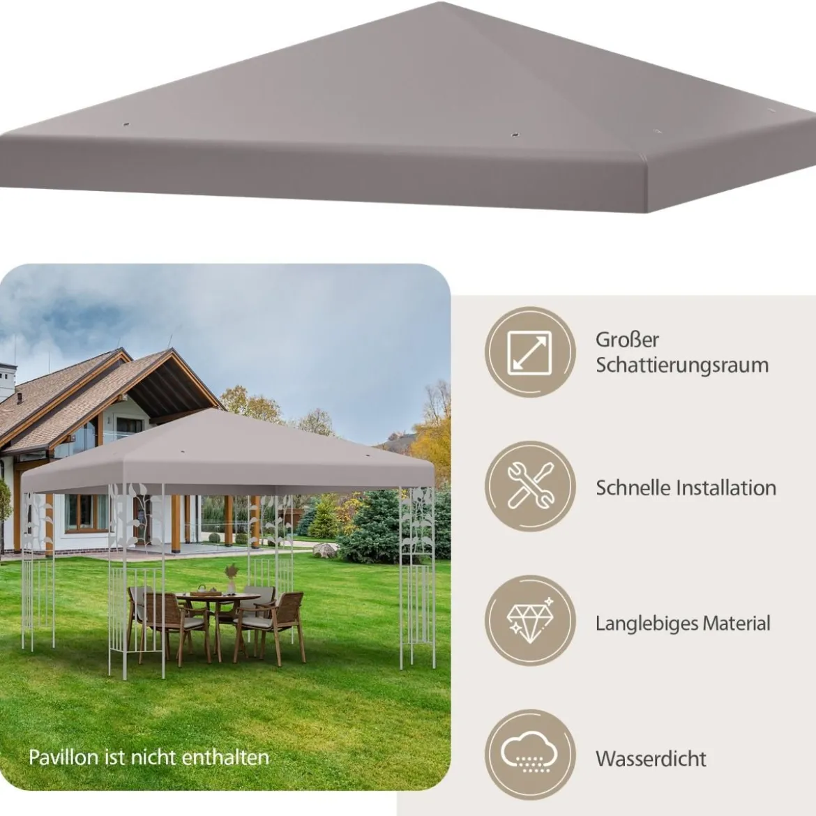 3x3m Ersatzdach für Pavillon Pavillondach Ersatzbezug mit Klettverschlüssen