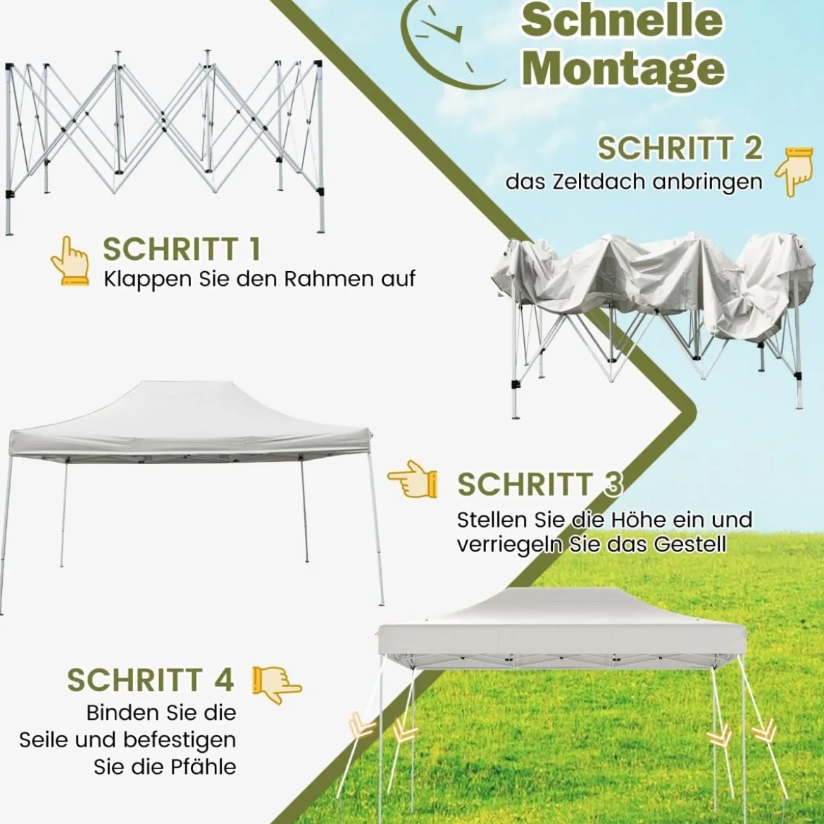3 x 4,5 m Faltpavillon mit Rollentasche & 4 Seilen Höhenverstellbarer Pop Up Pavillon Gartenpavillon