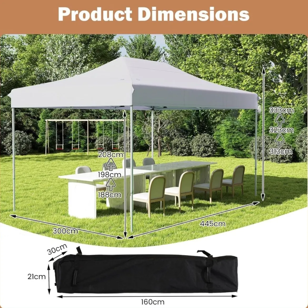 3 x 4,5 m Faltpavillon mit Rollentasche & 4 Seilen Höhenverstellbarer Pop Up Pavillon Gartenpavillon