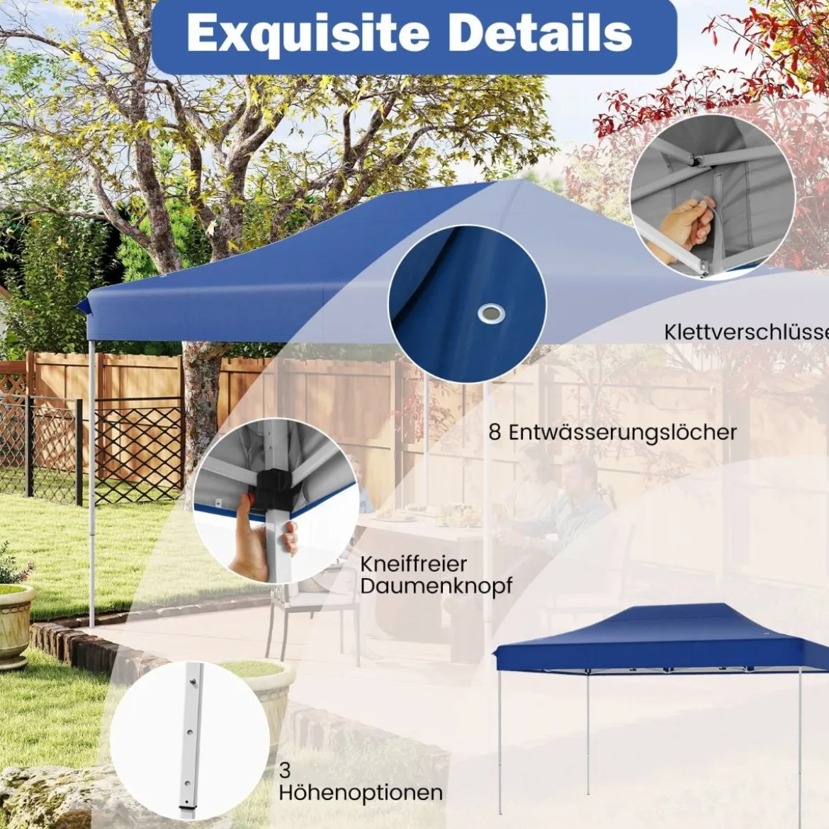 3 x 4,5 m Faltpavillon mit Rollentasche & 4 Seilen Höhenverstellbarer Pop Up Pavillon Gartenpavillon