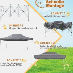 3 x 4,5 m Faltpavillon mit Rollentasche & 4 Seilen Höhenverstellbarer Pop Up Pavillon Gartenpavillon