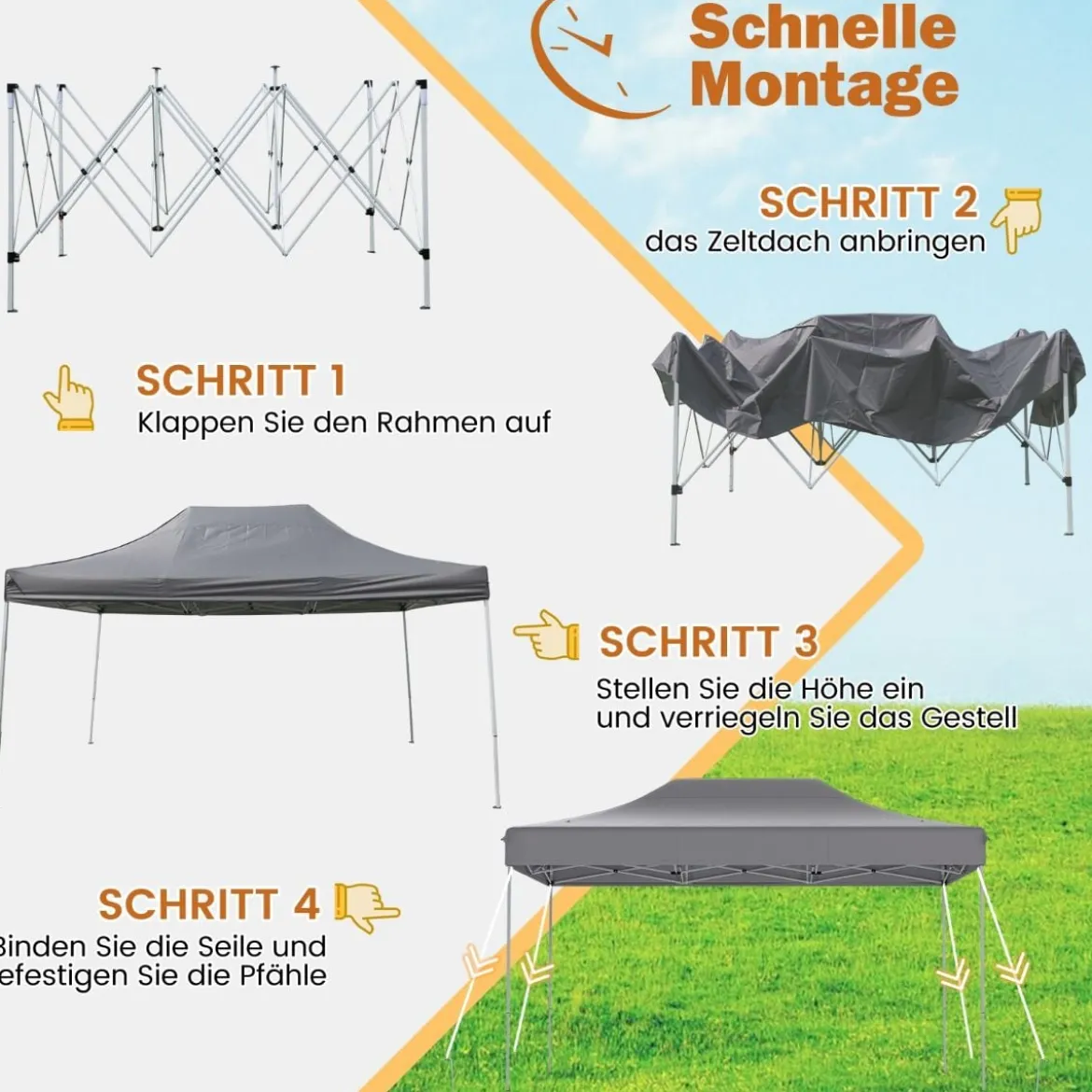 3 x 4,5 m Faltpavillon mit Rollentasche & 4 Seilen Höhenverstellbarer Pop Up Pavillon Gartenpavillon
