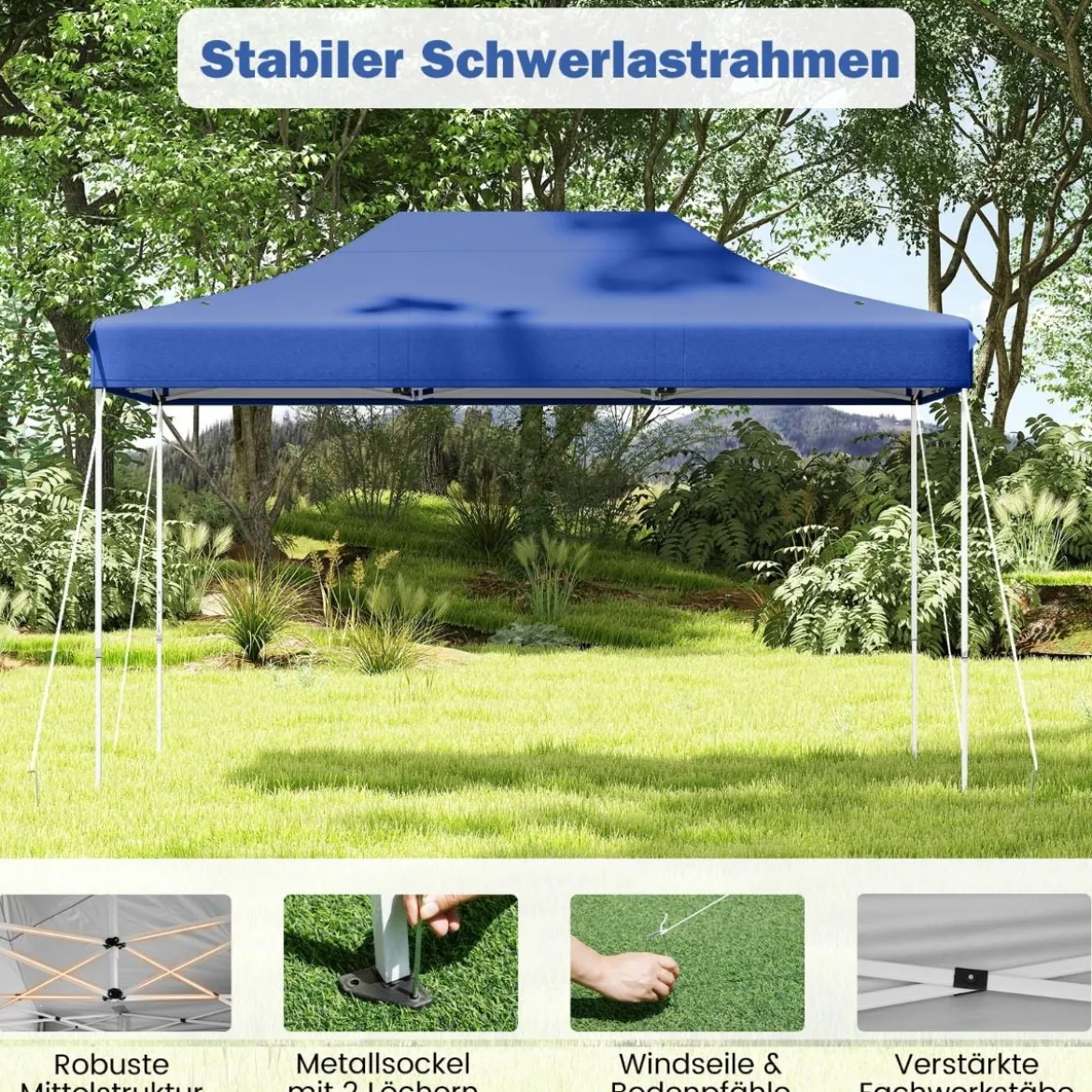 3 x 4,5 m Faltpavillon mit Rollentasche & 4 Seilen Höhenverstellbarer Pop Up Pavillon Gartenpavillon