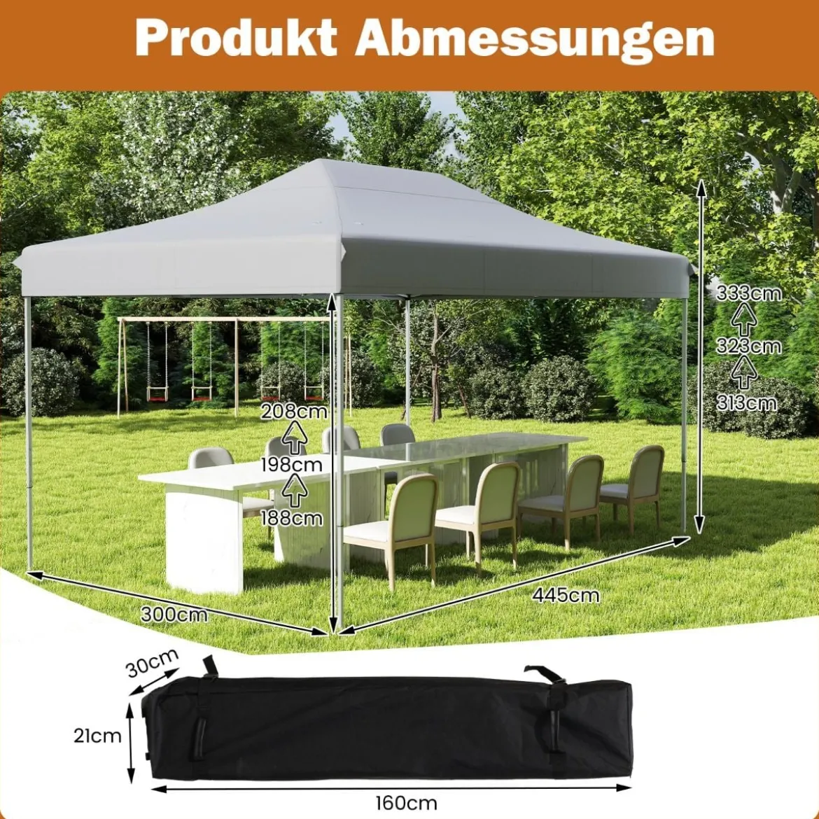 3 x 4,5 m Faltpavillon mit Rollentasche & 4 Seilen Höhenverstellbarer Pop Up Pavillon Gartenpavillon