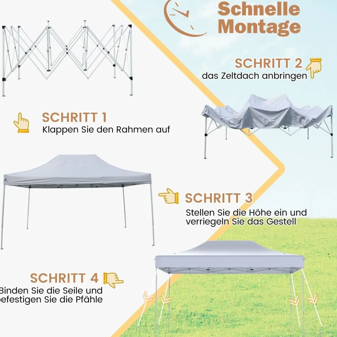 3 x 4,5 m Faltpavillon mit Rollentasche & 4 Seilen Höhenverstellbarer Pop Up Pavillon Gartenpavillon