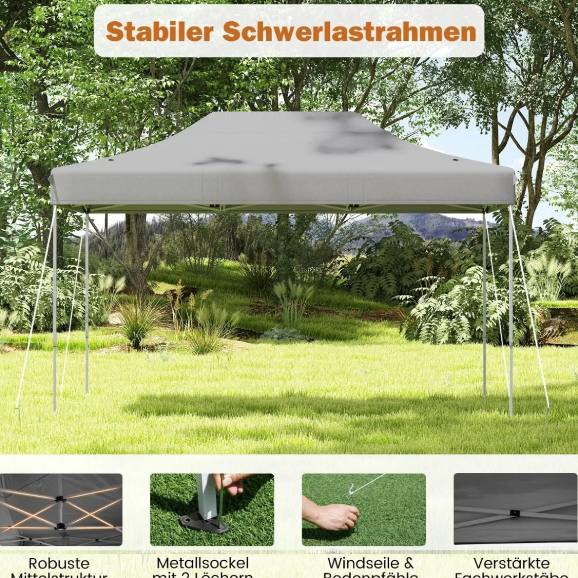 3 x 4,5 m Faltpavillon mit Rollentasche & 4 Seilen Höhenverstellbarer Pop Up Pavillon Gartenpavillon