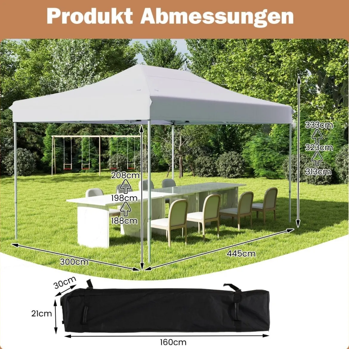 3 x 4,5 m Faltpavillon mit Rollentasche & 4 Seilen Höhenverstellbarer Pop Up Pavillon Gartenpavillon