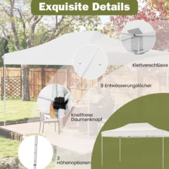 3 x 4,5 m Faltpavillon mit Rollentasche & 4 Seilen Höhenverstellbarer Pop Up Pavillon Gartenpavillon