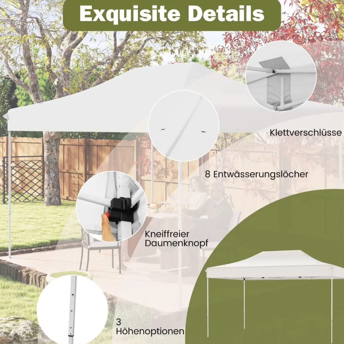 3 x 4,5 m Faltpavillon mit Rollentasche & 4 Seilen Höhenverstellbarer Pop Up Pavillon Gartenpavillon