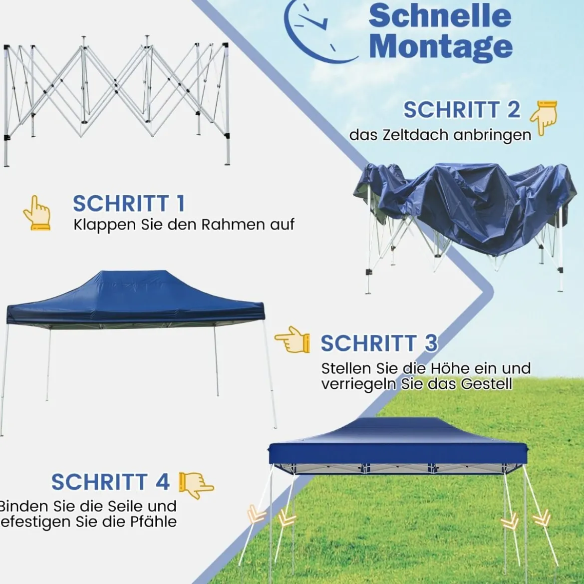 3 x 4,5 m Faltpavillon mit Rollentasche & 4 Seilen Höhenverstellbarer Pop Up Pavillon Gartenpavillon