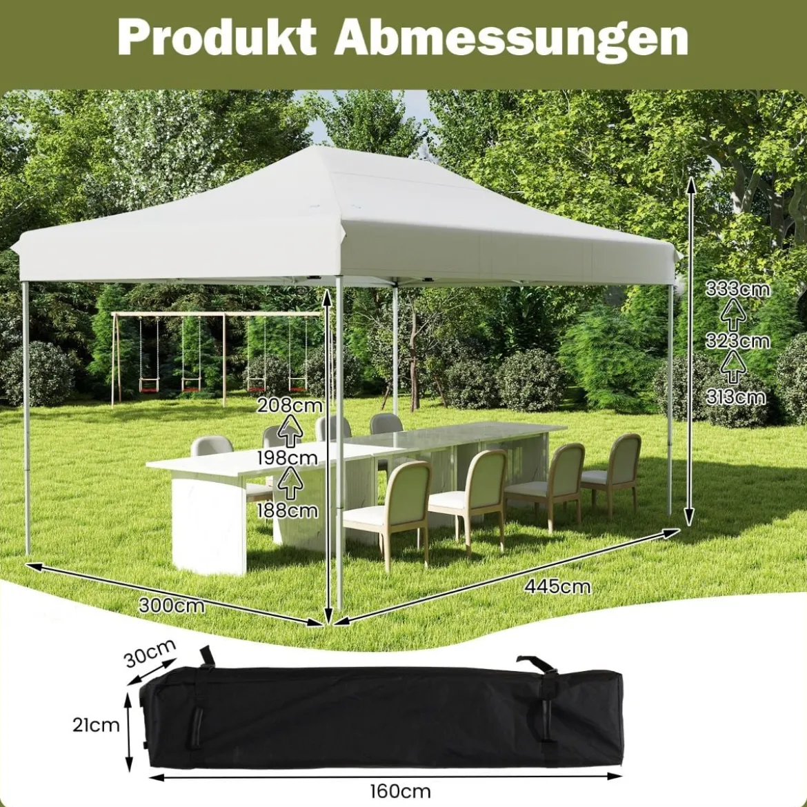 3 x 4,5 m Faltpavillon mit Rollentasche & 4 Seilen Höhenverstellbarer Pop Up Pavillon Gartenpavillon