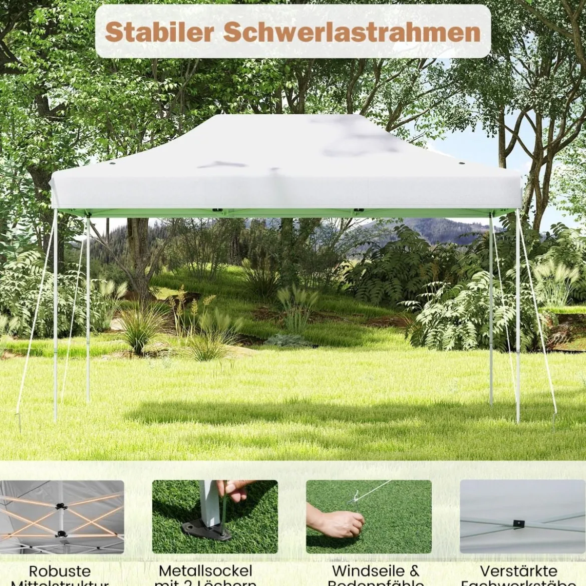 3 x 4,5 m Faltpavillon mit Rollentasche & 4 Seilen Höhenverstellbarer Pop Up Pavillon Gartenpavillon