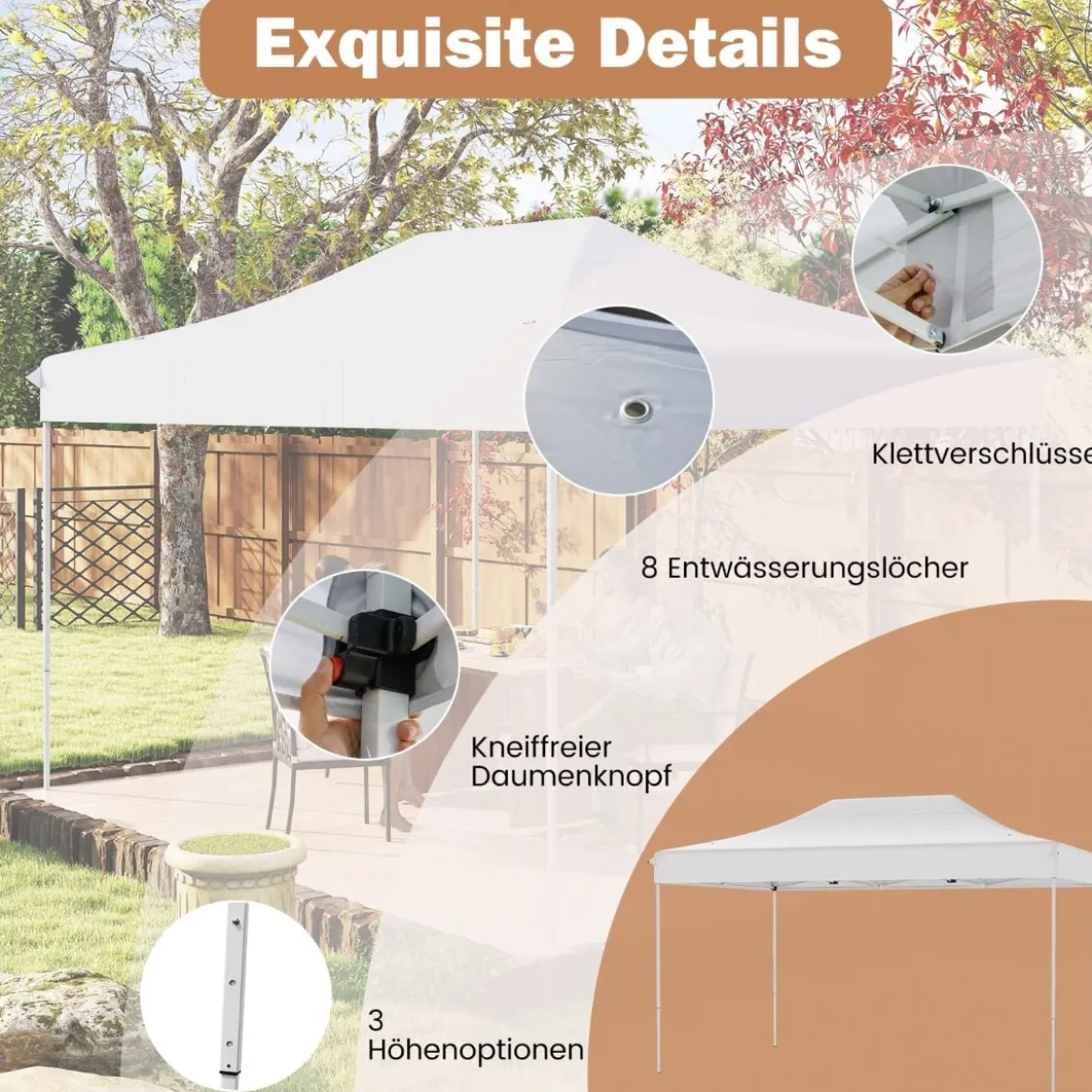 3 x 4,5 m Faltpavillon mit Rollentasche & 4 Seilen Höhenverstellbarer Pop Up Pavillon Gartenpavillon