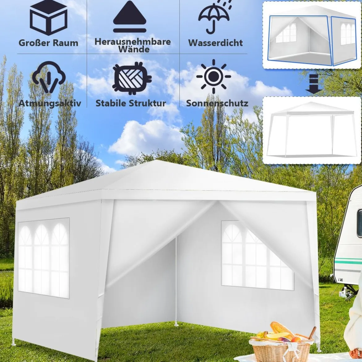 3x3m Gartenzelt mit 4 abnehmbaren Seitenwänden & Fenstern ideal für Hochzeiten