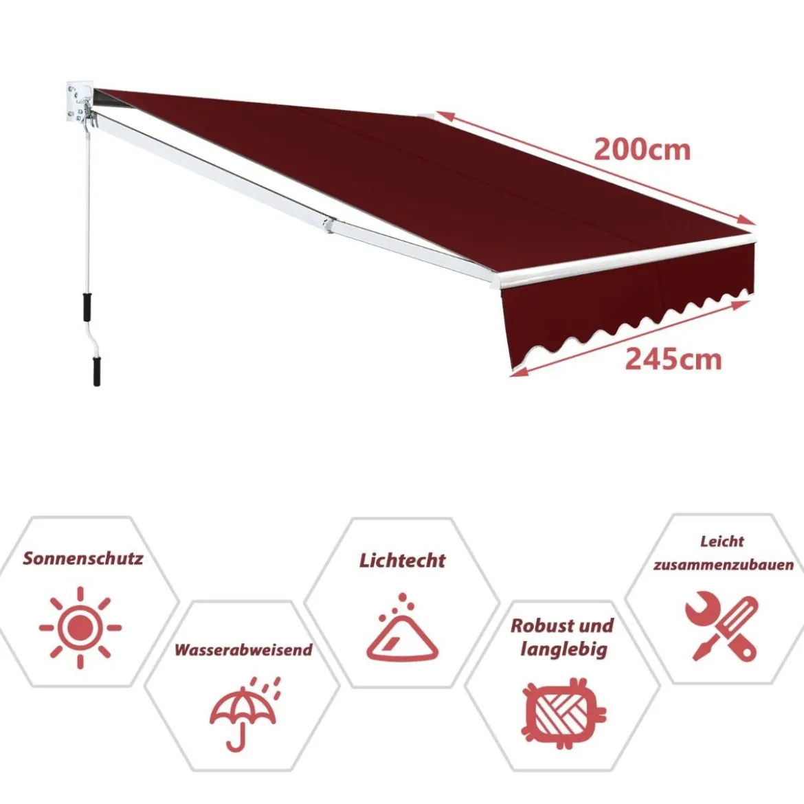 2,5 x 2 m Gelenkarmmarkise mit UV- & Wasserbeständigem Material & Kurbel