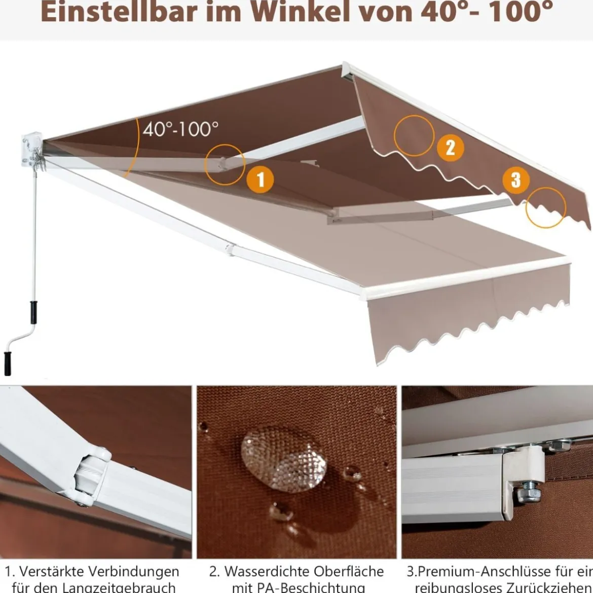 2,5 x 2 m Gelenkarmmarkise mit UV- & Wasserbeständigem Material & Kurbel