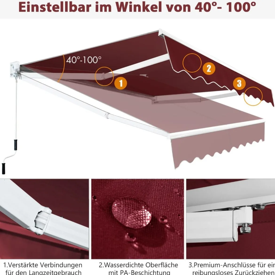 2,5 x 2 m Gelenkarmmarkise mit UV- & Wasserbeständigem Material & Kurbel