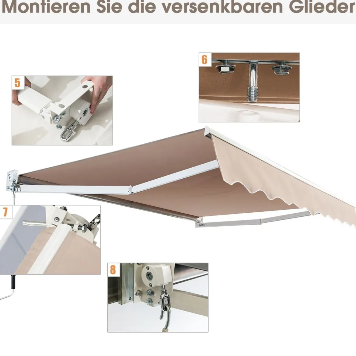 2,5 x 2 m Gelenkarmmarkise mit UV- & Wasserbeständigem Material & Kurbel