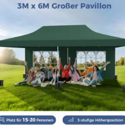3 x 6 m Pavillon Faltpavillon mit 6 abnehmbaren Seitenwänden & Sandsäcke