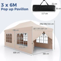 3 x 6 m Pavillon Faltpavillon mit 6 abnehmbaren Seitenwänden & Sandsäcke
